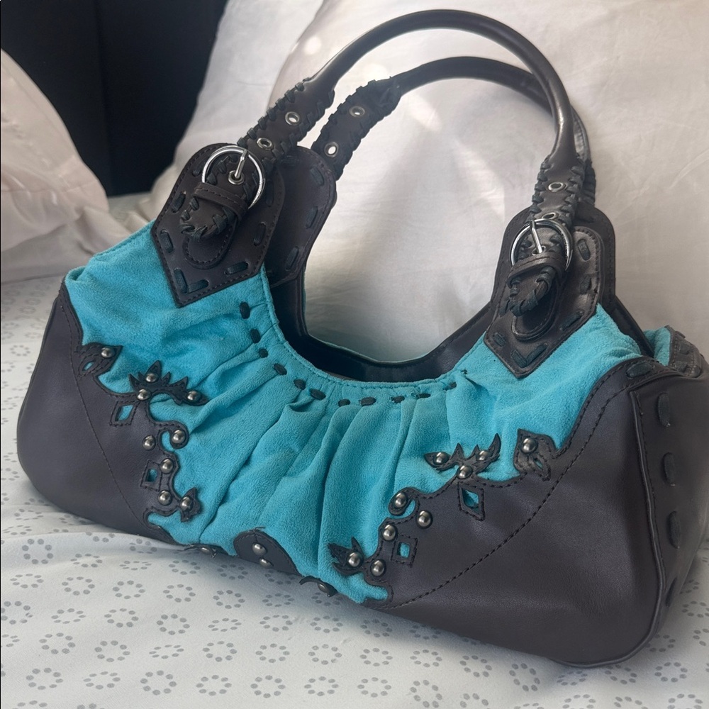 BCBG Blue and Brown braided detail Women's Handbag